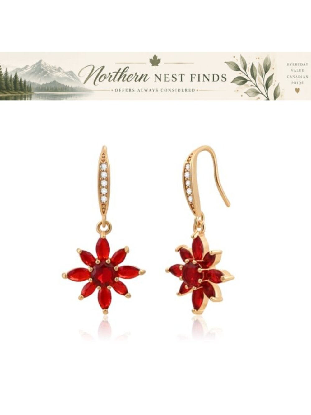 Gold Plated Red Flower Dangle Earrings Cubic Zirconia Floral Drop